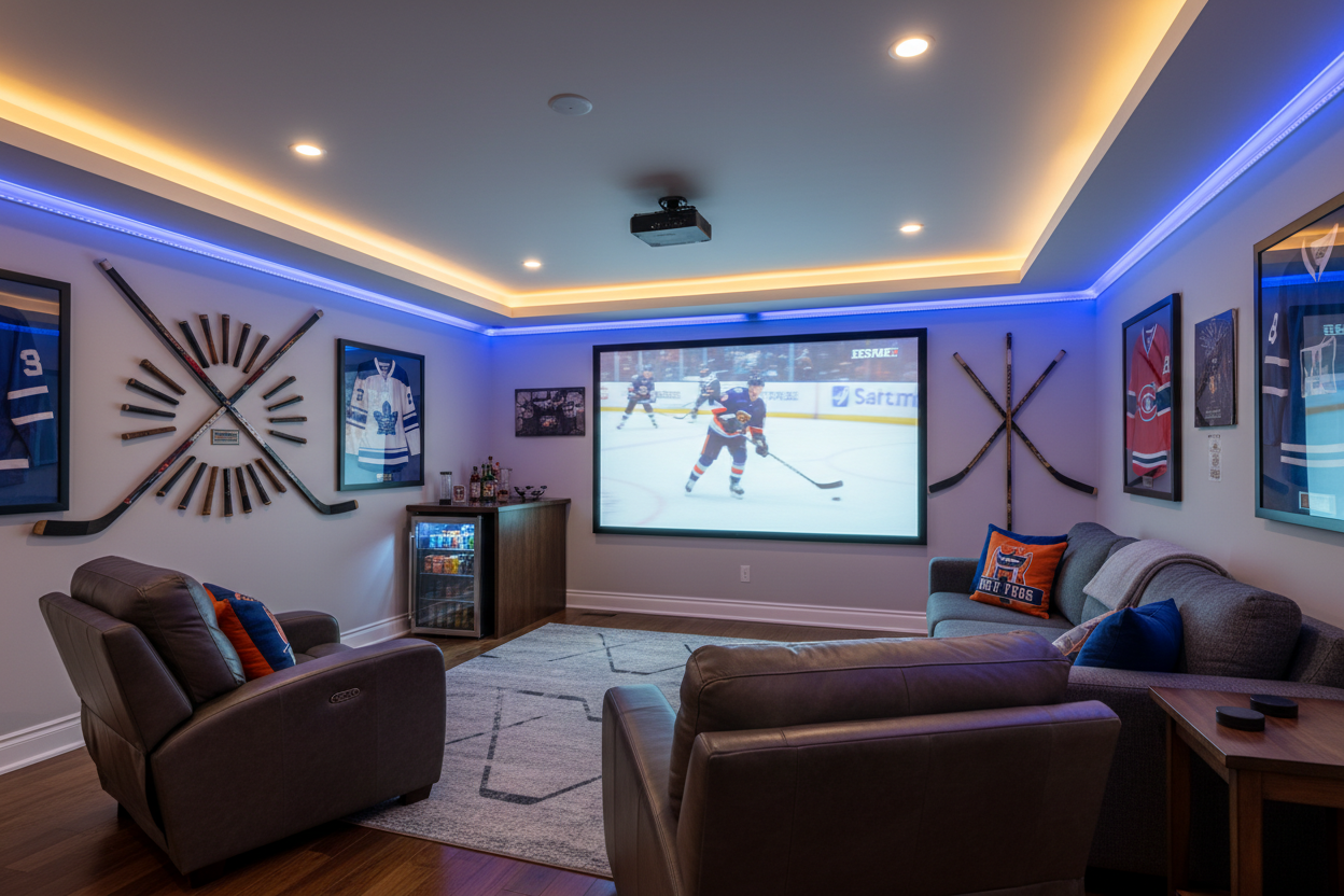 hockey night game room with a projector screen playing a hockey game